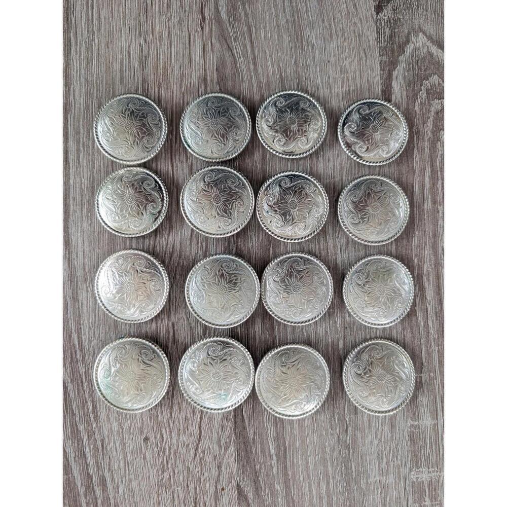 Vintage Handmade Silver Conchos Rope Edge Sunflower Engraved Set Of 16